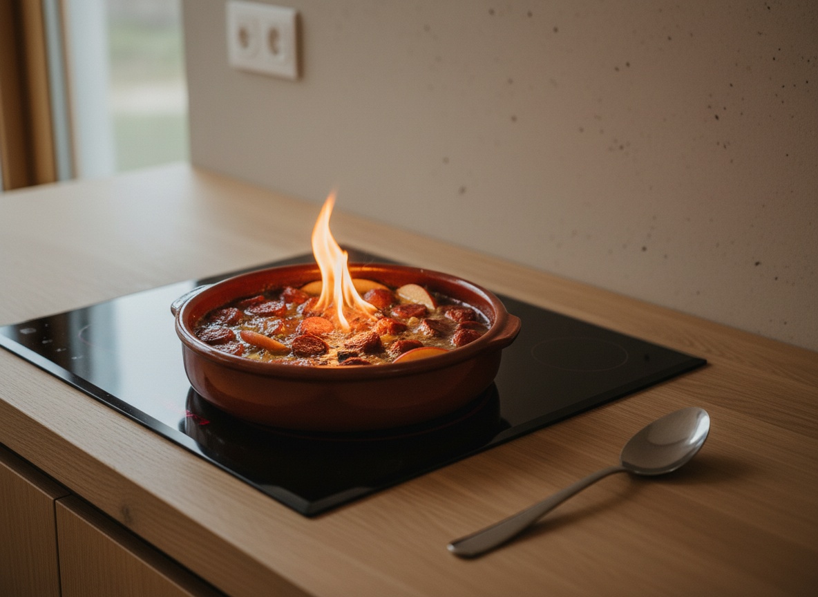 Flambeando los chorizos con orujo, la llama consumiéndose sobre la cazuela