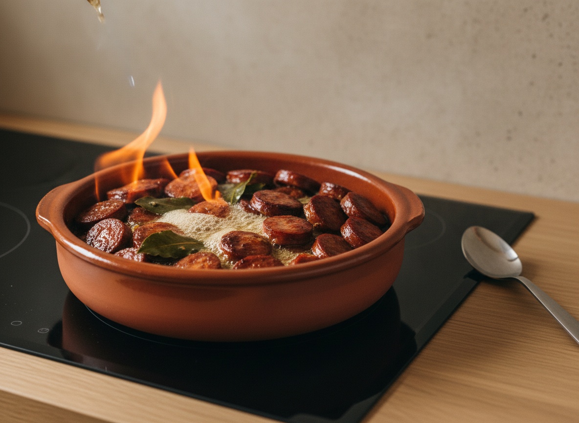 Añadiendo sidra natural y laurel a la cazuela con los chorizos