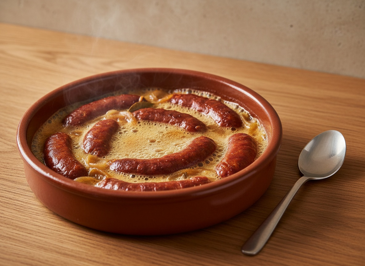 Chorizos guisándose mientras la sidra reduce a la mitad
