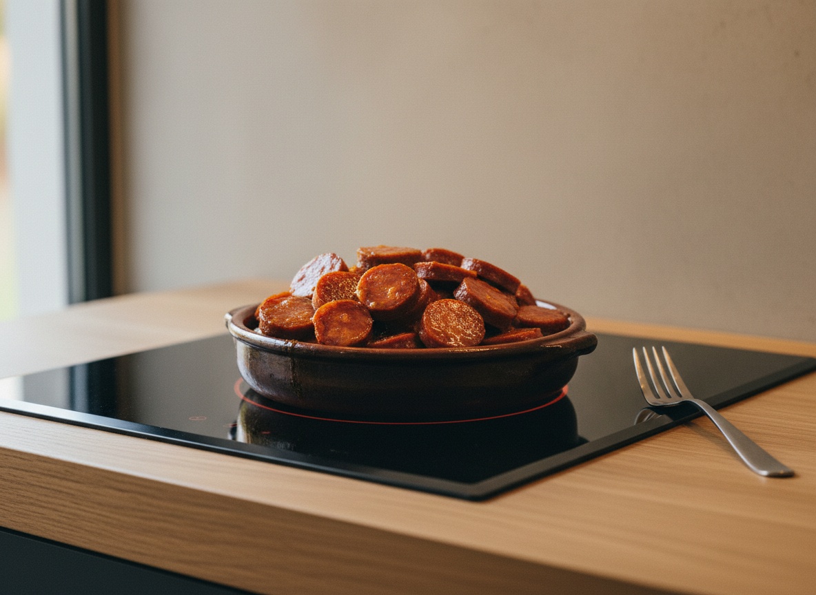 Chorizo cortado en rodajas gruesas al bies devuelto a su salsa
