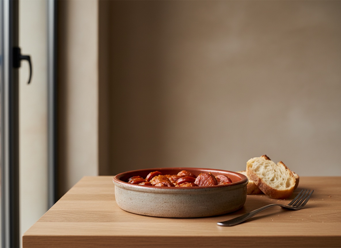 Chorizo a la sidra en rodajas en una cazuela de barro, napado en salsa brillante color teja con hoja de laurel, y pan rústico al lado, sobre encimera de roble con luz natural.
