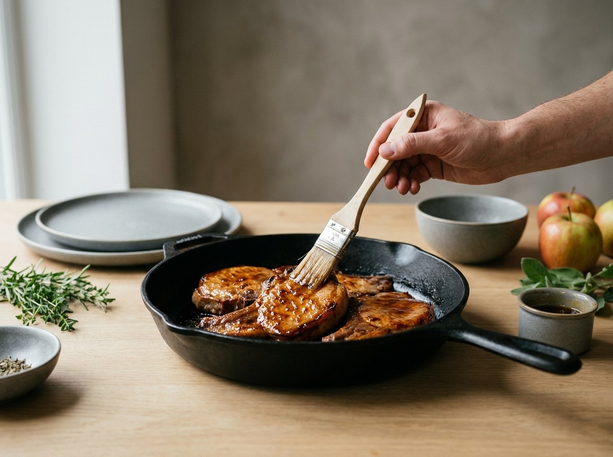 Chuletas pincelándose con el glaseado de manzana brillante