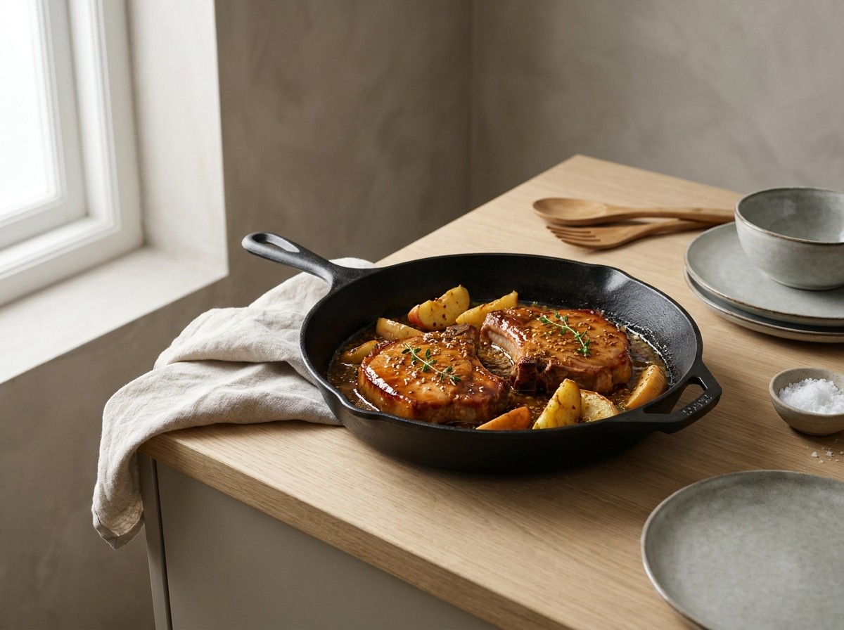 Salsa de manzana napando las chuletas en la sartén