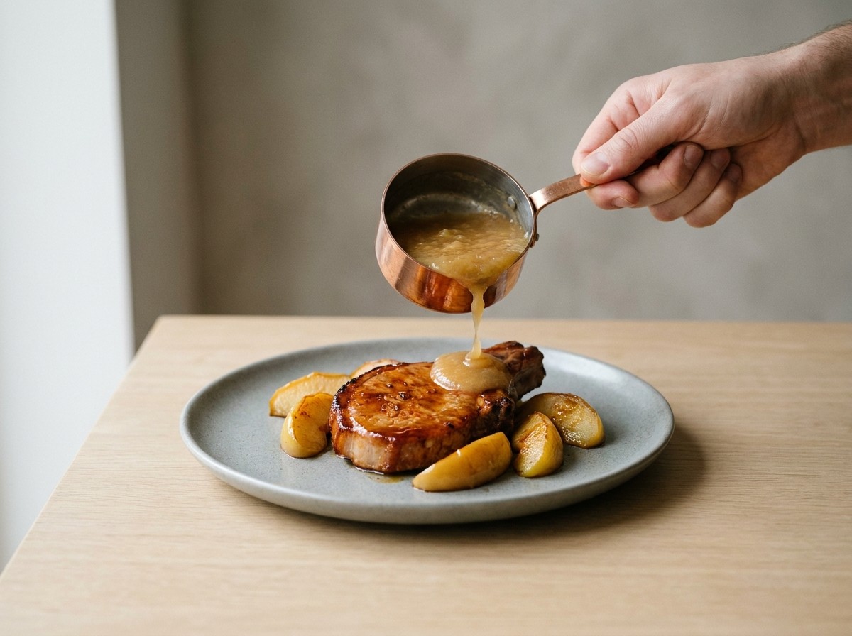Chuleta emplatada con gajos de manzana caramelizada