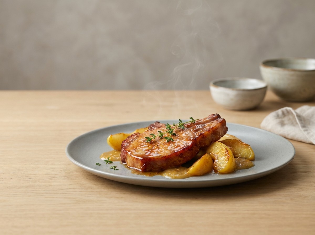 Chuleta de Sajonia glaseada en plato de cerámica gris piedra: lomo de cerdo ahumado con glaseado brillante de manzana, gajos de manzana caramelizada y tomillo.