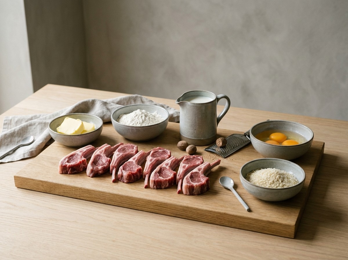 Ingredientes: chuletas de cordero, mantequilla, harina, leche, huevo y pan rallado