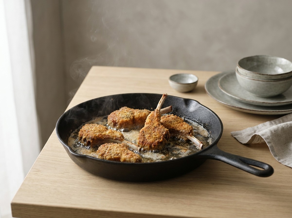 Chuletas a la Villeroy friéndose doradas en aceite
