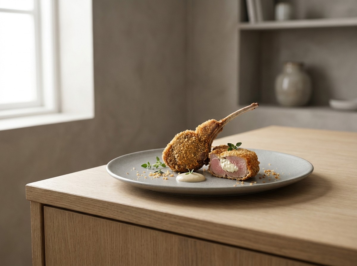 Chuletas a la Villeroy en plato de cerámica gris piedra: chuletitas de cordero cubiertas de bechamel dorada y empanada, crujientes, con el hueso a la vista.