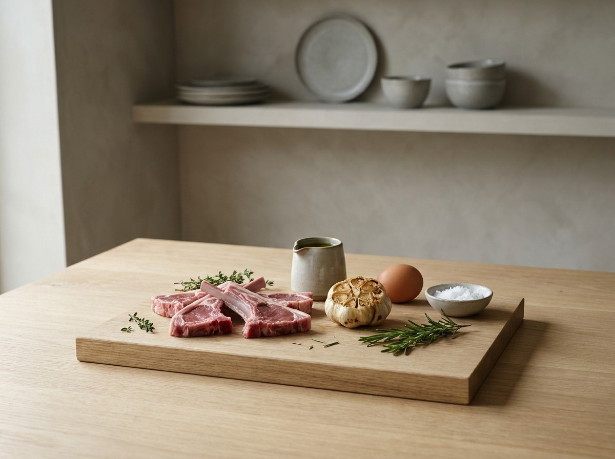 Ingredientes: chuletillas de cordero lechal, cabeza de ajos, aceite y sal en escamas