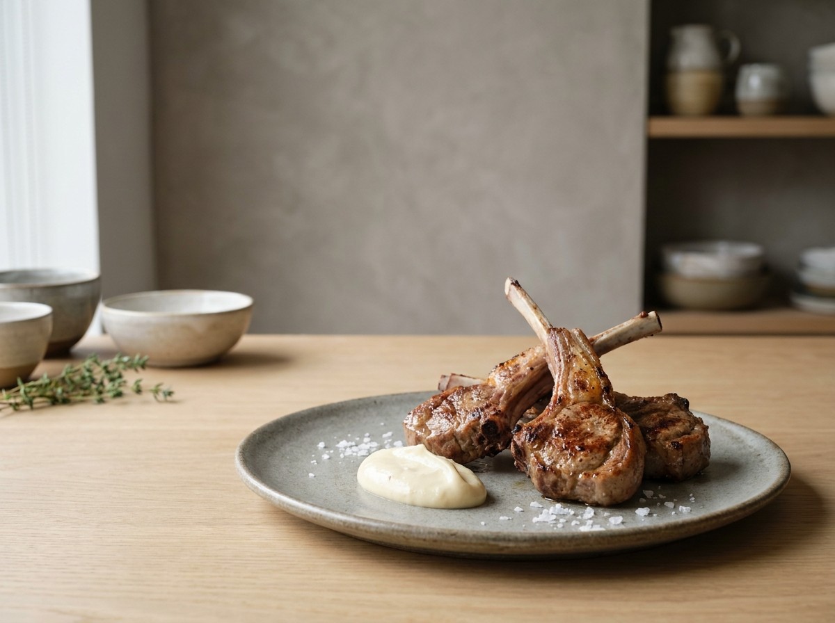 Chuletillas al sarmiento en plato de cerámica gris piedra: chuletillas de cordero doradas a la brasa con una quenelle de alioli de ajo asado y sal en escamas.