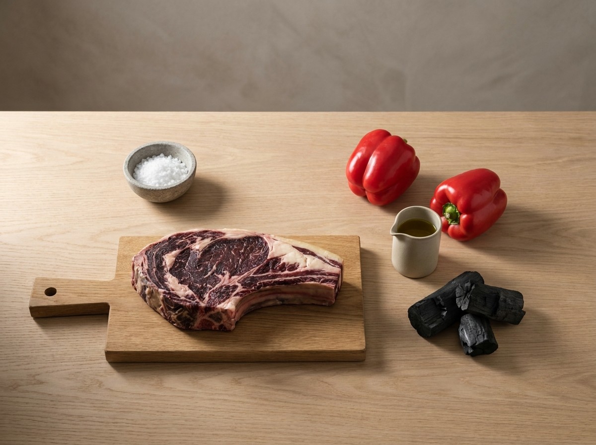Ingredientes: chuletón de vaca vieja con hueso, pimientos rojos, sal gruesa, aceite y carbón de encina