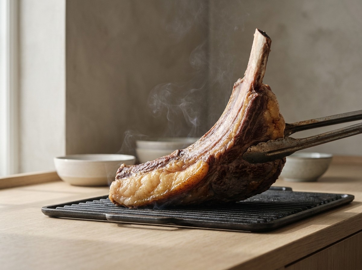 Chuletón de pie sellando el borde de grasa y hueso sobre la brasa