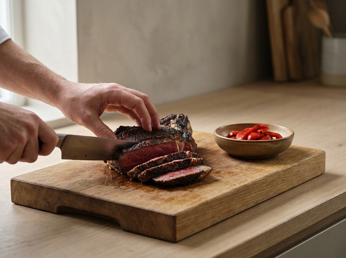 Chuletón cortándose del hueso en lonchas junto a tiras de pimiento asado