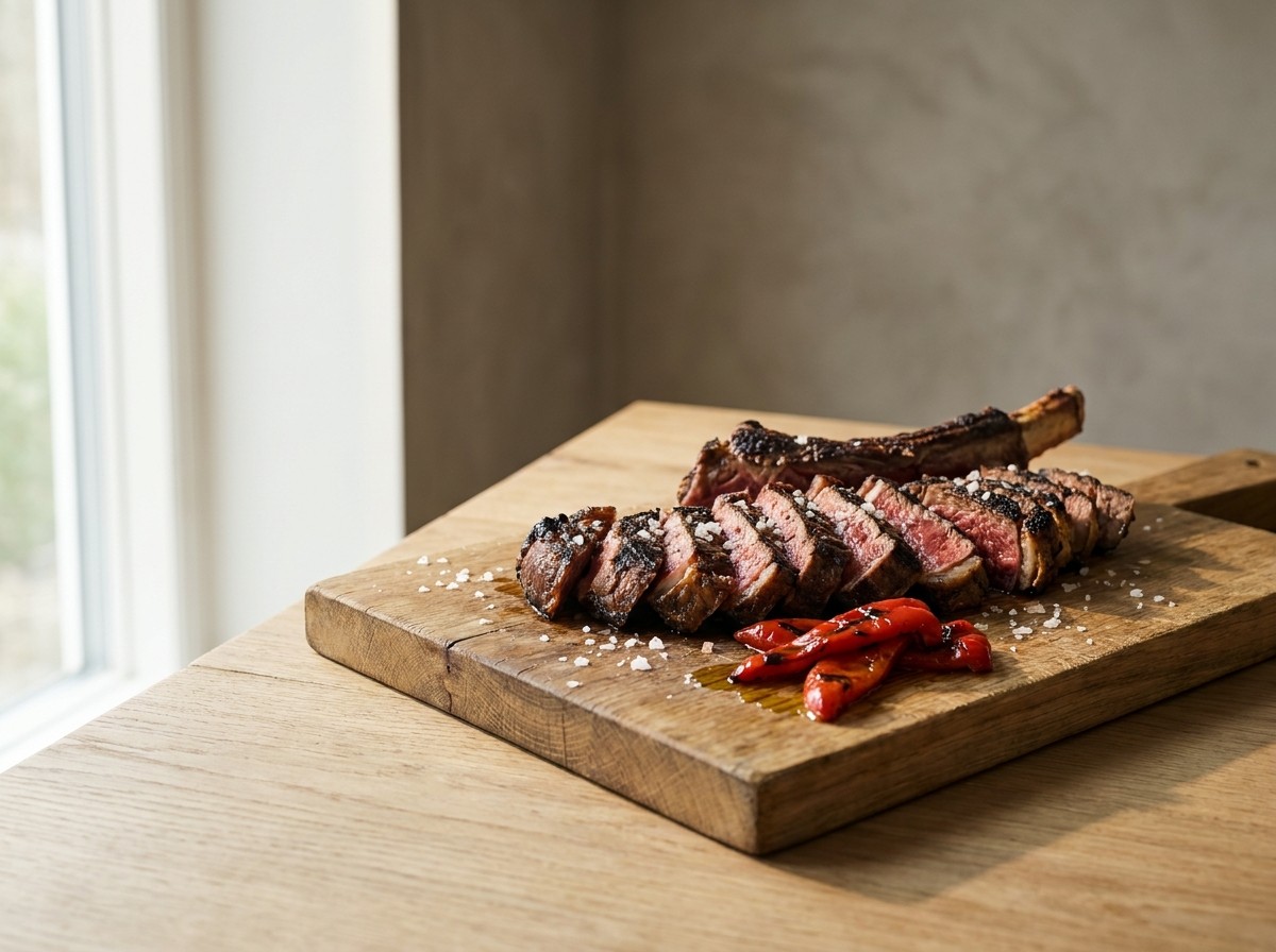 Chuletón de vaca vieja con hueso cortado en lonchas sobre tabla de roble, costra oscura, interior rojo, escamas de sal y tiras de pimiento rojo asado.