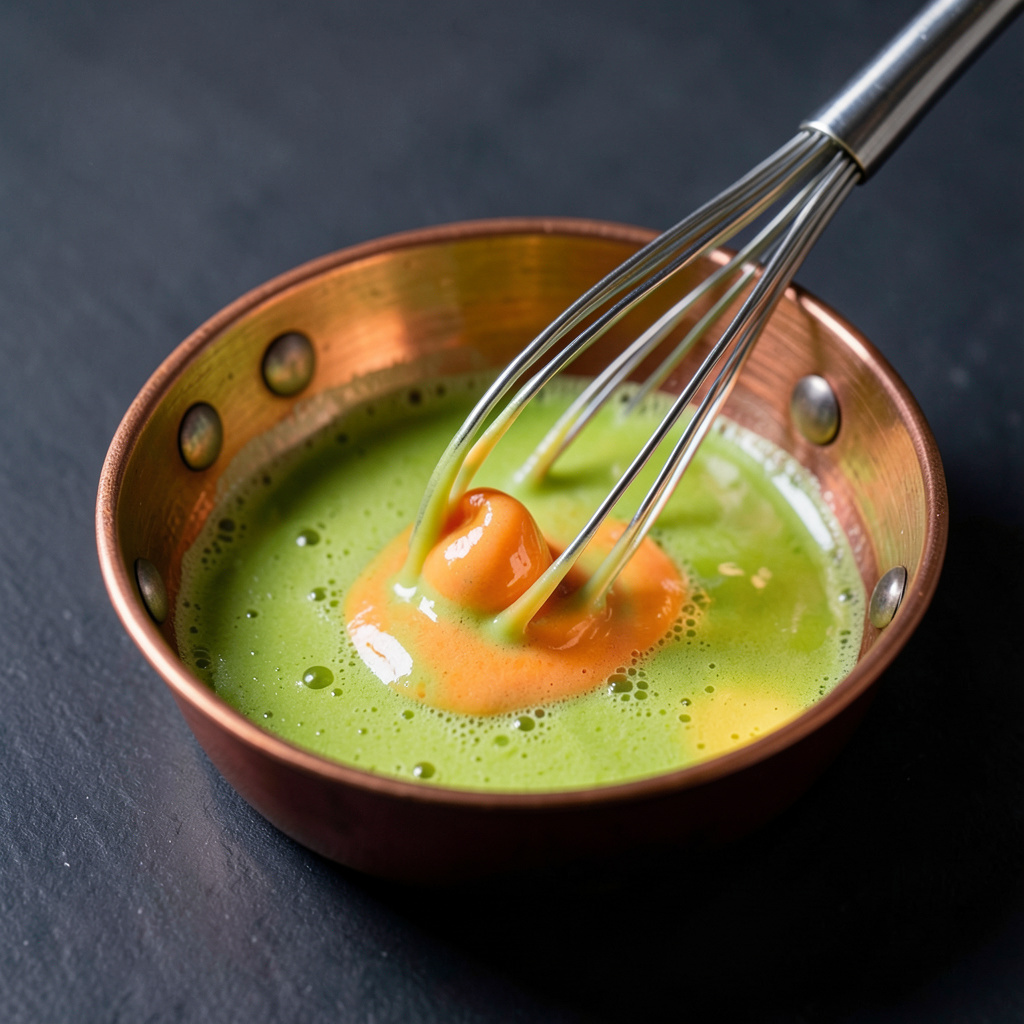 Mantequilla de coral verde-naranja iridiscente en cazo de cobre