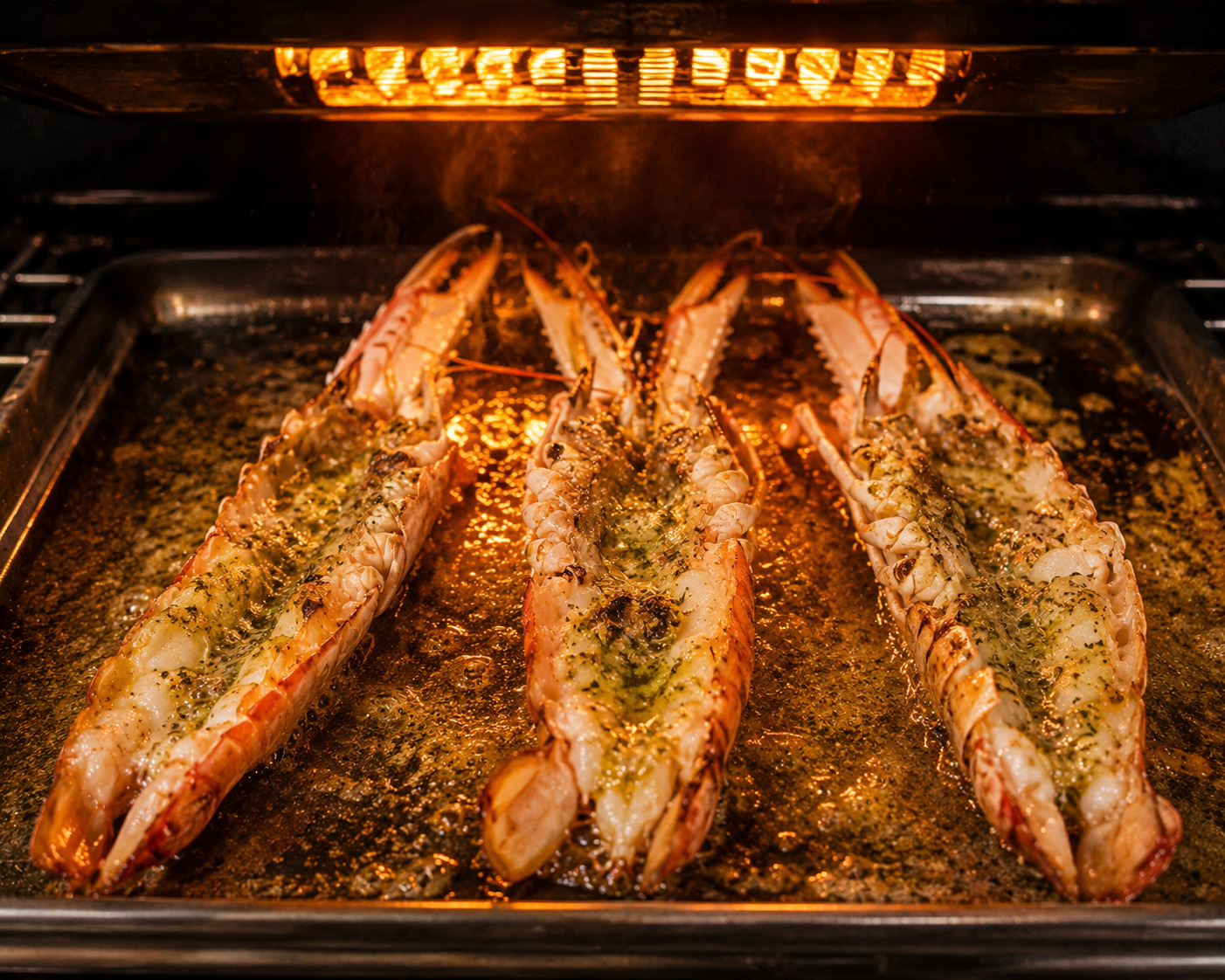 Cigalas bajo grill a 220°C — mantequilla de coral burbujeando