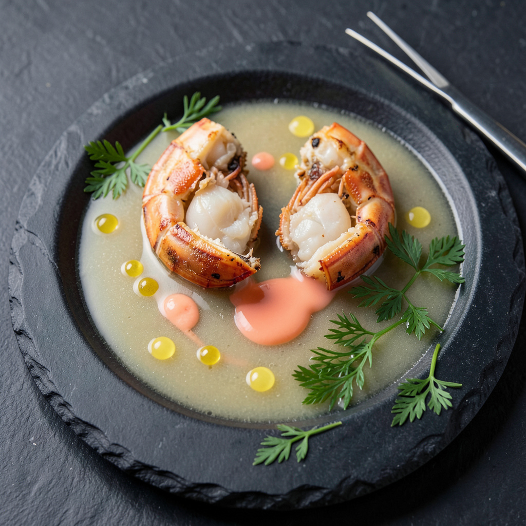 Montaje: cigalas sobre caldo con gel limón y perifollo