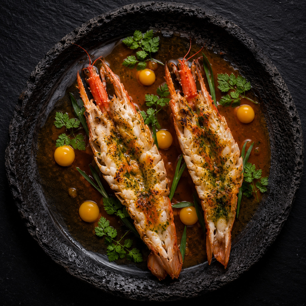 Cigalas reales del Cantábrico asadas enteras con mantequilla de coral sobre caldo de sus carcasas con gel de limón encurtido en plato de piedra oscura