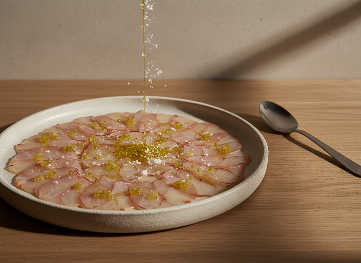 Hilo de aceite de oliva y flor de sal cayendo sobre el carpaccio de cigala.