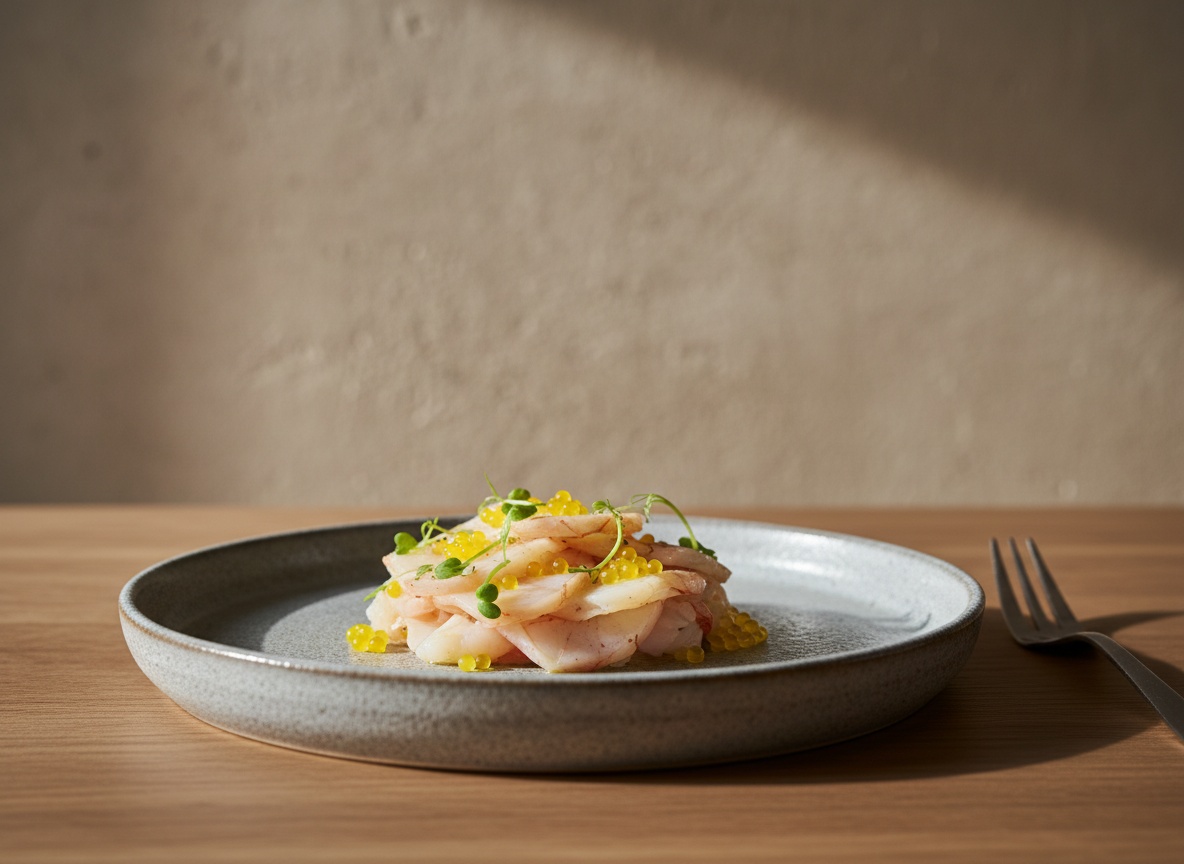 Finas láminas de cigala cruda nacarada extendidas sobre plato de cerámica artesanal, brillantes de aceite de oliva y salpicadas de perlas de caviar de limón, con luz natural entrando desde la izquierda.