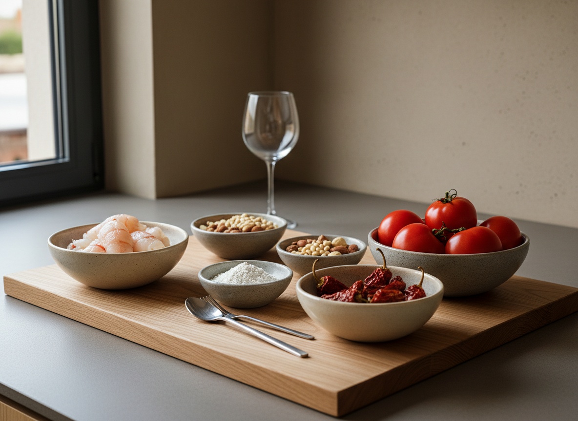 Colas de cigala, harina, frutos secos, ñora y tomates para el romesco dispuestos sobre tabla de roble, vistos de lado en ángulo de 45 grados con luz natural desde la izquierda.