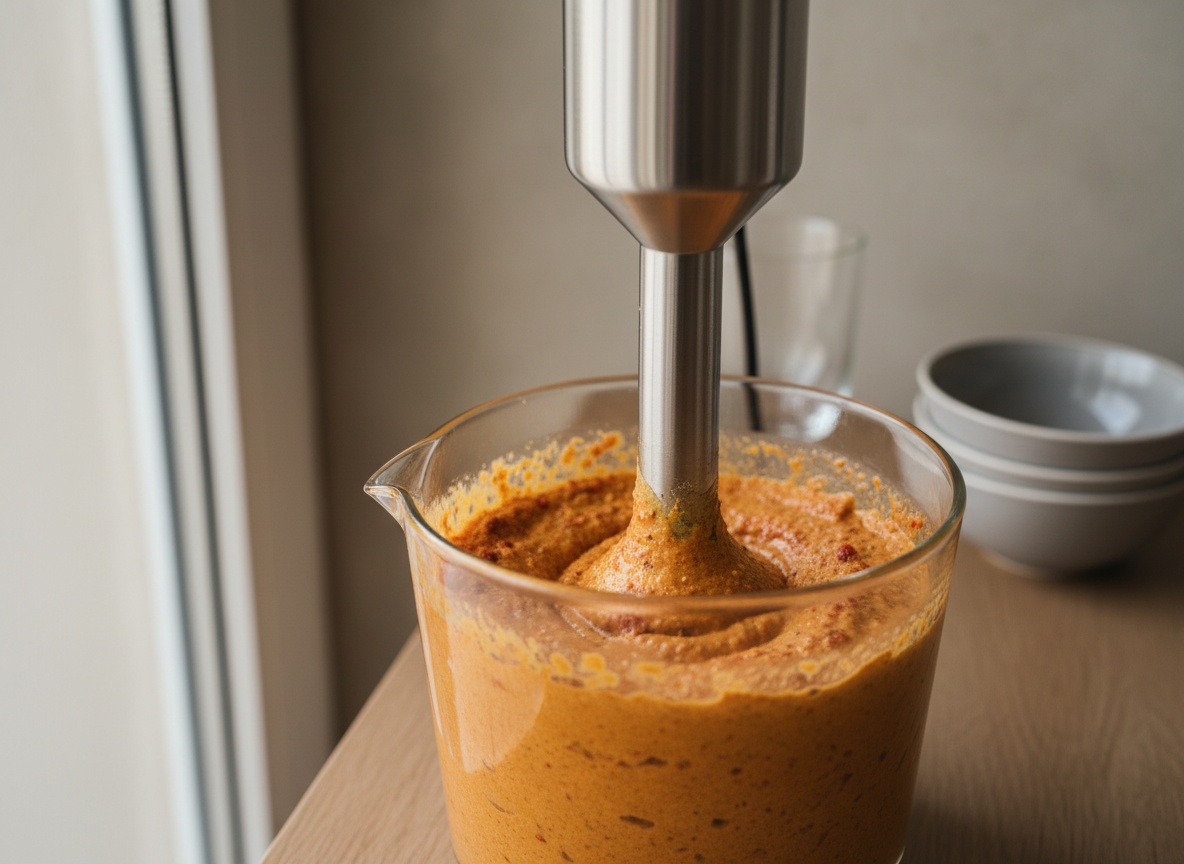 Romesco anaranjado triturándose hasta quedar emulsionado y untuoso en el vaso de la batidora.