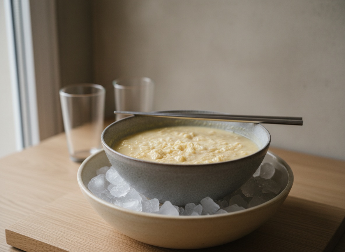 Masa de tempura recién mezclada con grumos visibles sobre un bol con hielo.
