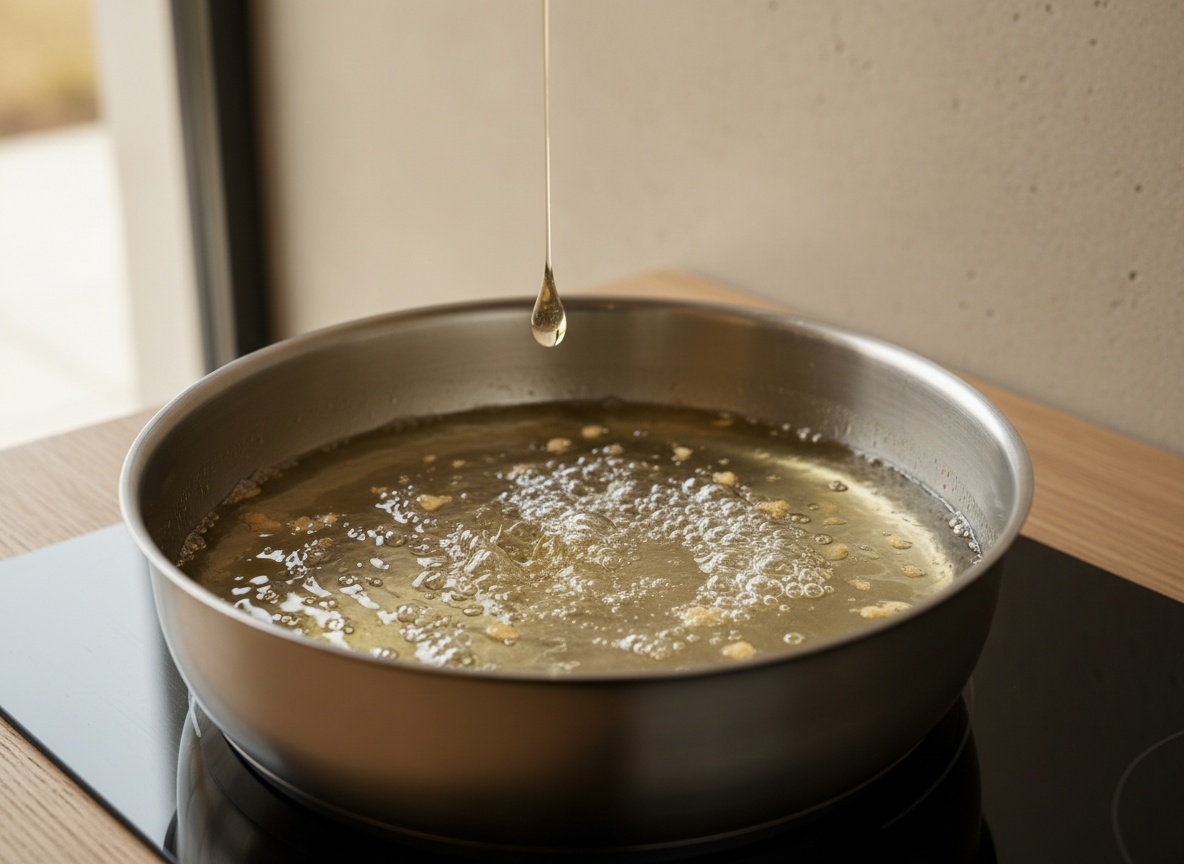 Gota de masa cayendo en el aceite caliente burbujeando para comprobar la temperatura.