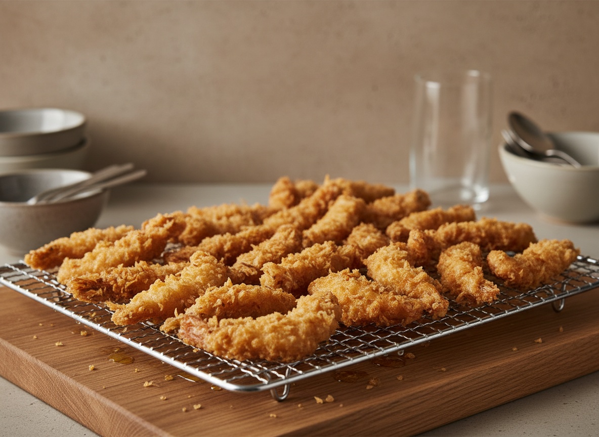Cigalas en tempura escurriendo sobre una rejilla metálica recién fritas.