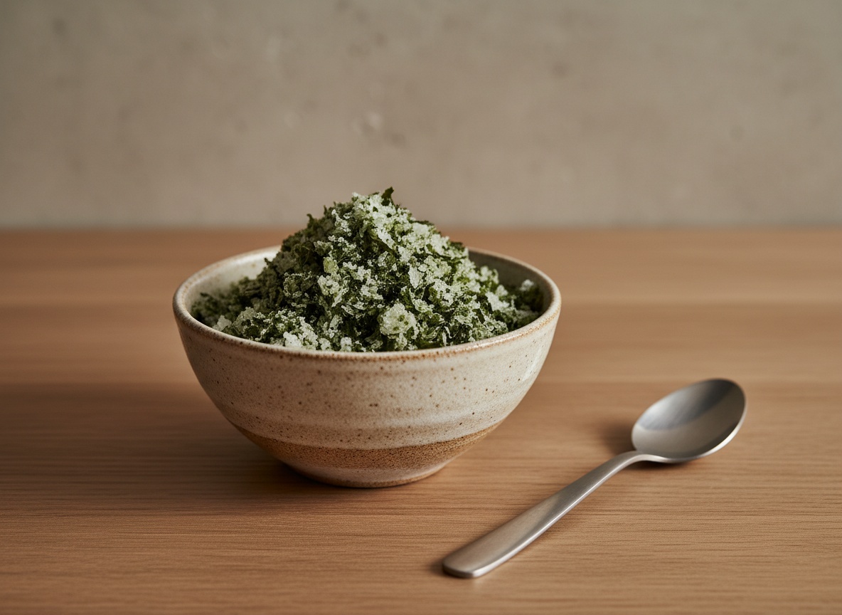 Escamas de sal marina mezcladas con alga en polvo en un cuenco pequeño de cerámica.
