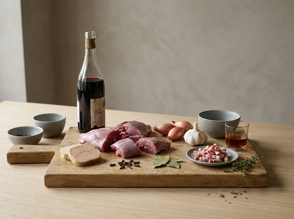 Ingredientes: liebre despiezada, vino tinto, foie, chalota, ajo y panceta