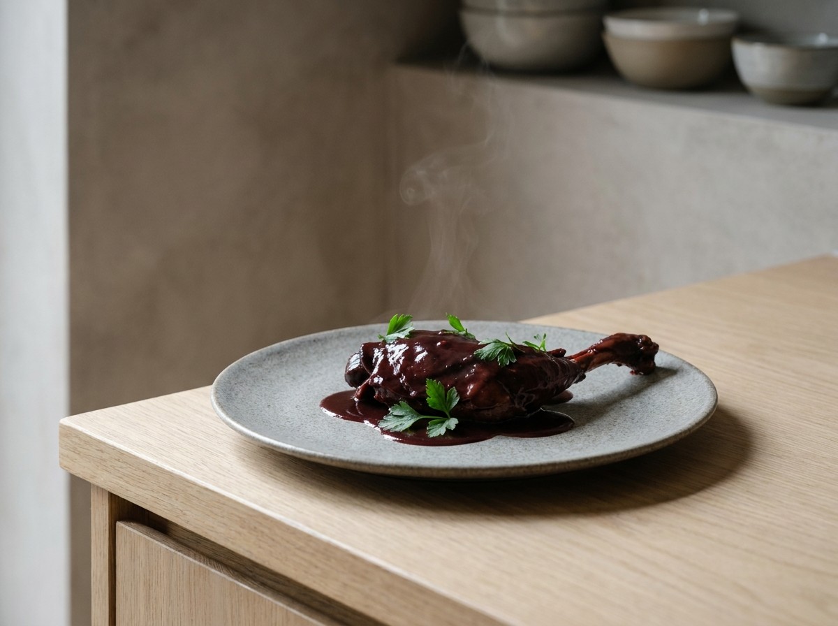 Civet de liebre a la royale en plato de cerámica gris piedra: liebre melosa en una salsa oscura, densa y aterciopelada de vino, sangre y foie, con perejil.