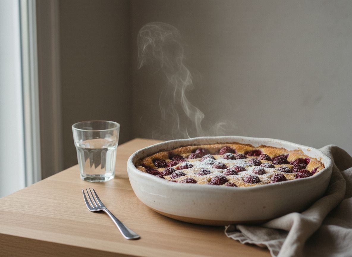 Clafoutis de cereza dorado y horneado en su fuente de cerámica, cerezas hundidas en la crema cuajada y azúcar glas por encima, luz natural suave desde la izquierda.