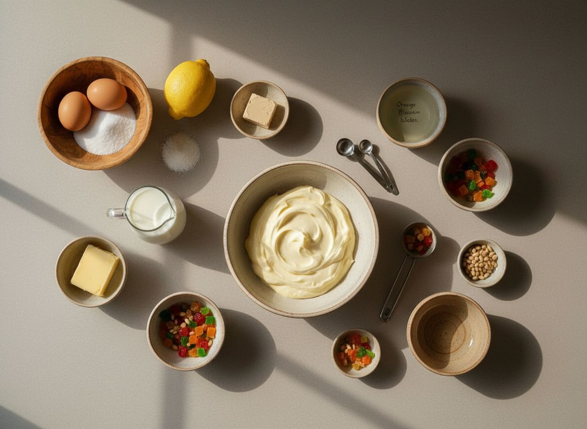 Ingredientes de la coca de Sant Joan: harina, huevos, azucar, mantequilla, crema pastelera, fruta confitada y pinones