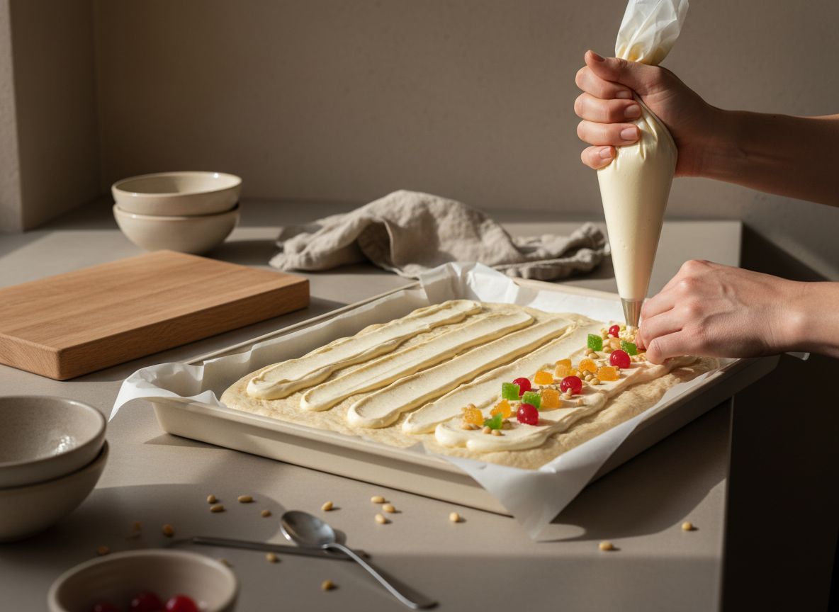 Escudillado de crema pastelera y fruta confitada sobre la coca