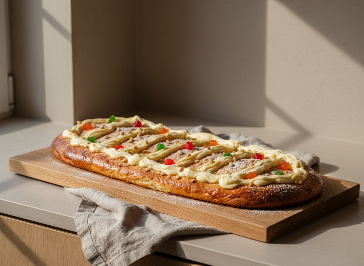Coca de Sant Joan horneada con crema pastelera, fruta confitada y pinones