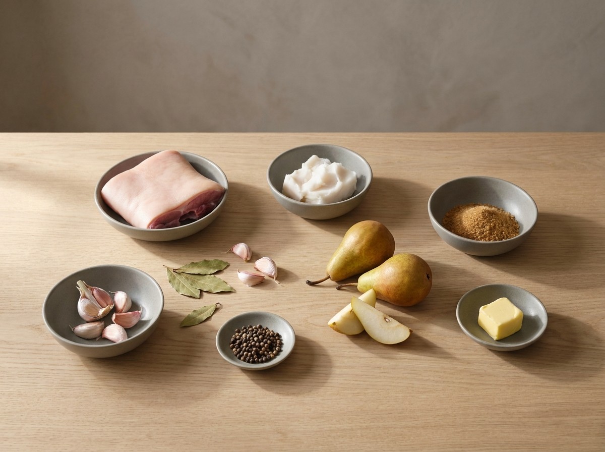 Ingredientes: cochinillo con piel, manteca, ajo, laurel, peras y azúcar
