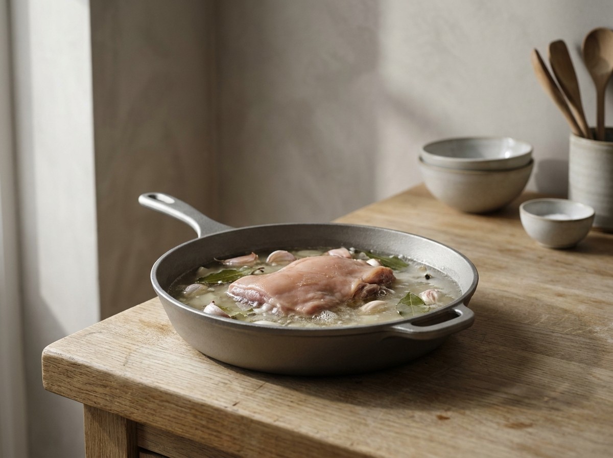 Cochinillo confitándose en manteca con ajo y laurel