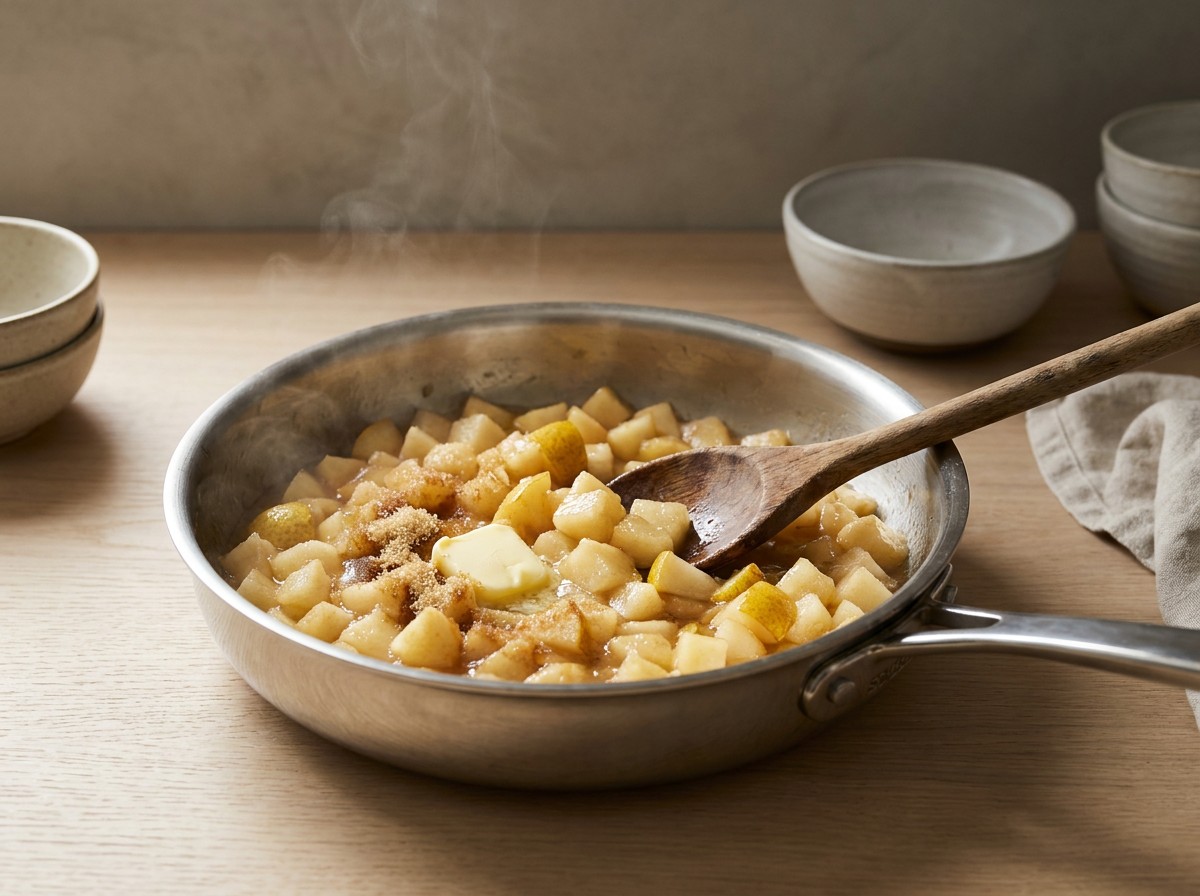 Compota de pera cocinándose en la sartén