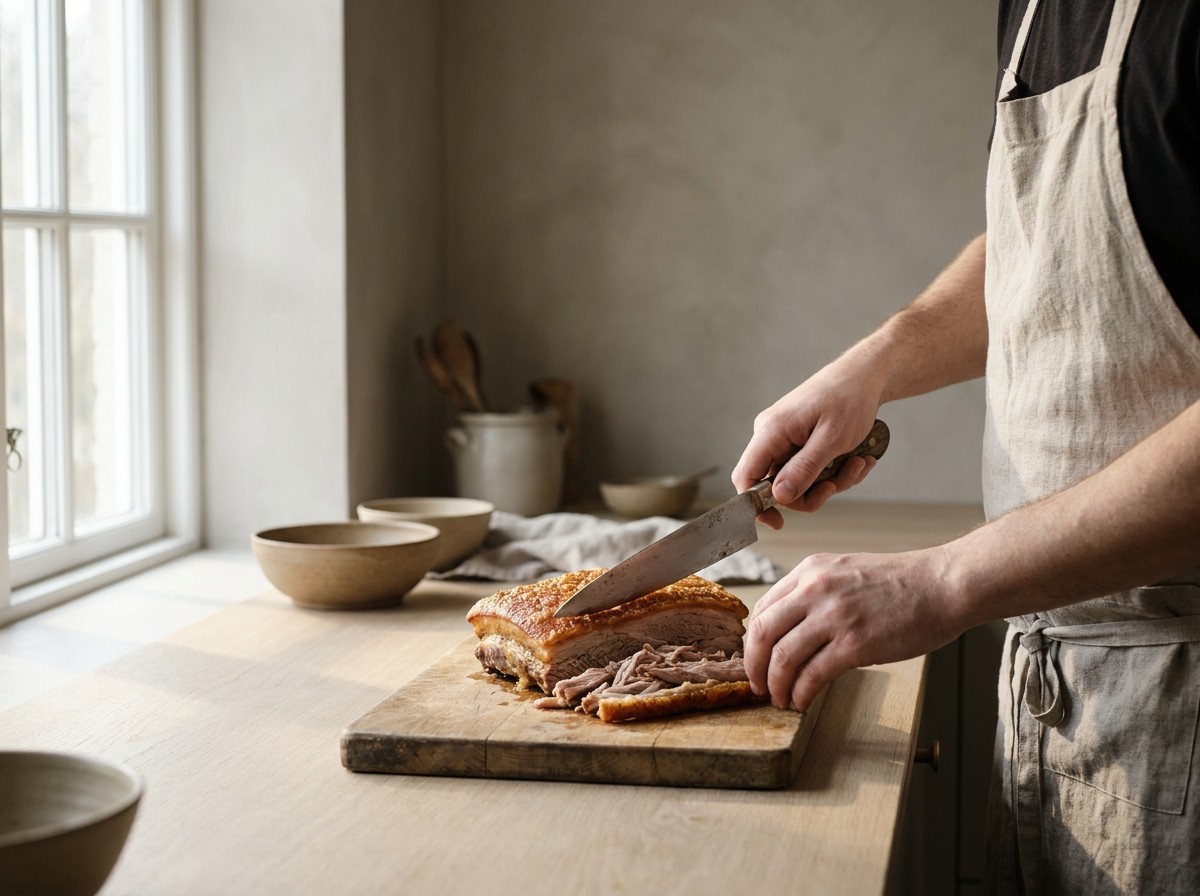 Cochinillo confitado porcionándose con la piel crujiente encima