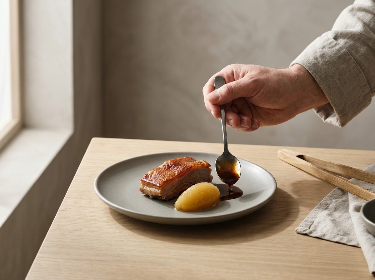 Emplatado del cochinillo junto a la compota de pera