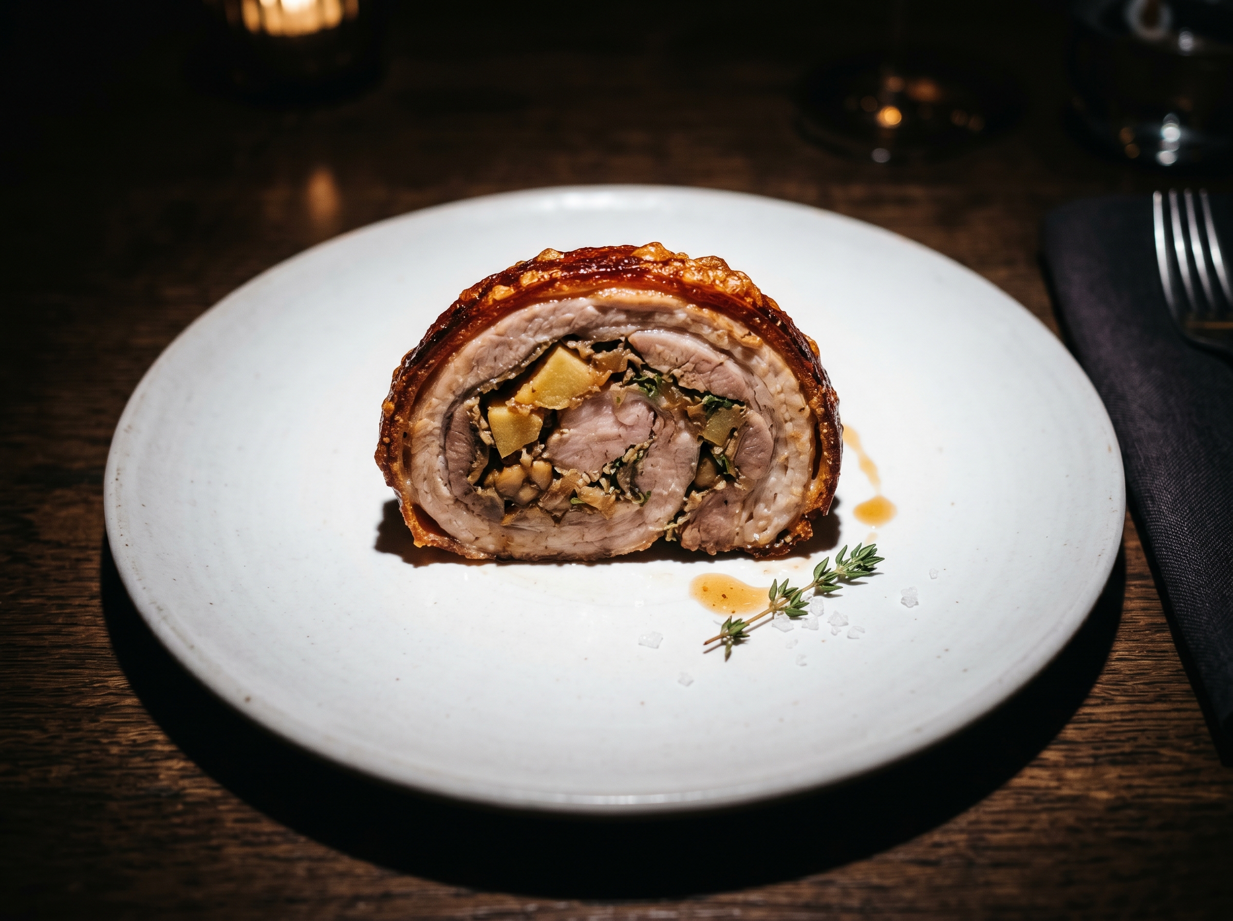 Flat lay ingredientes: cochinillo ibérico deshuesado extendido, manzanas reineta, Armagnac, bramante, hierbas aromáticas