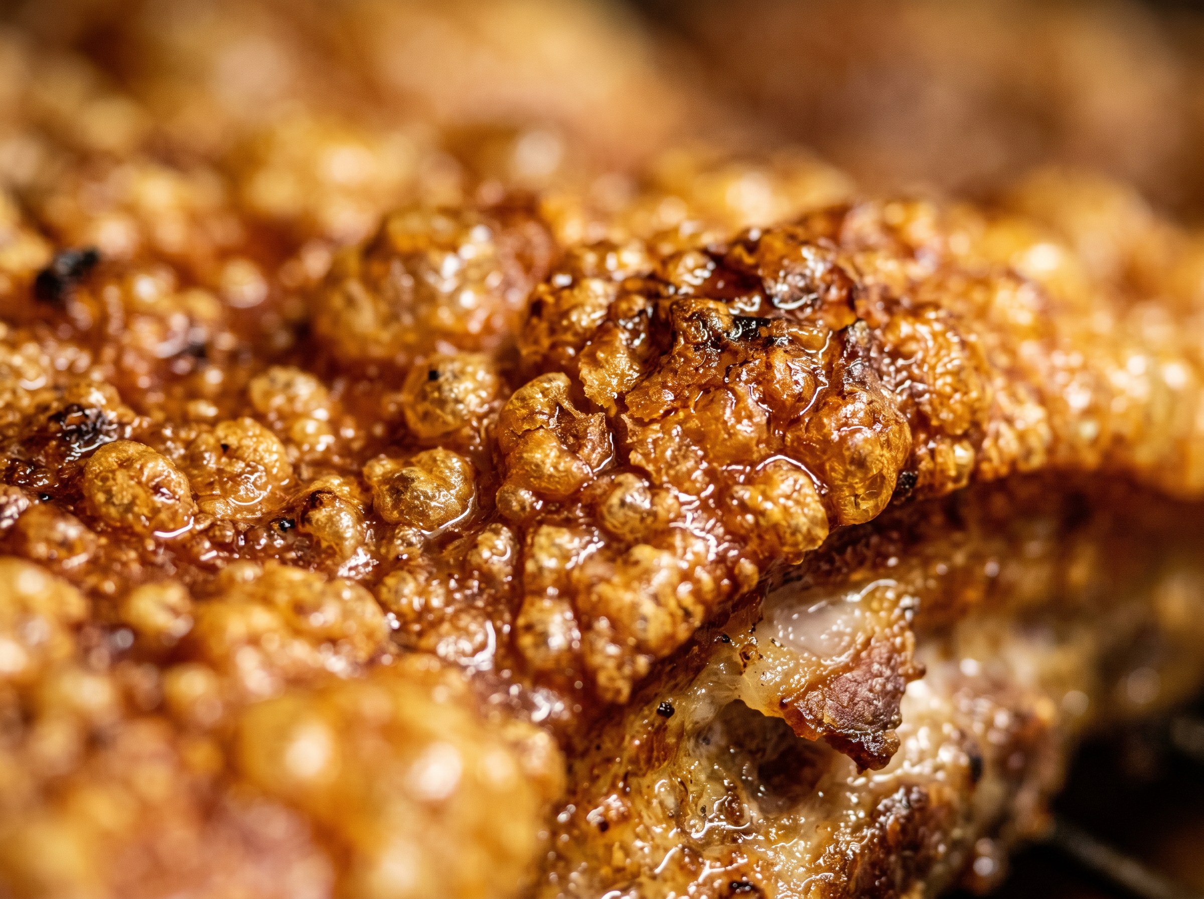 Macro de la piel del cochinillo dorada e inflada, costra crujiente como cristal