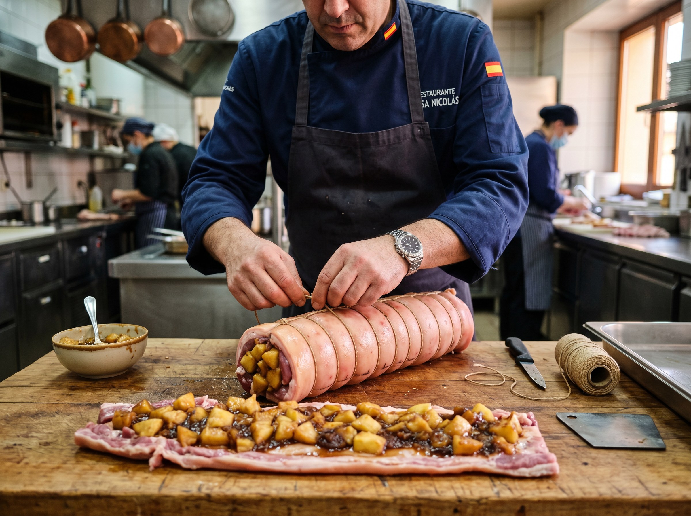 Cochinillo deshuesado siendo rellenado con compota de manzana fría y bridado con bramante cada 2cm