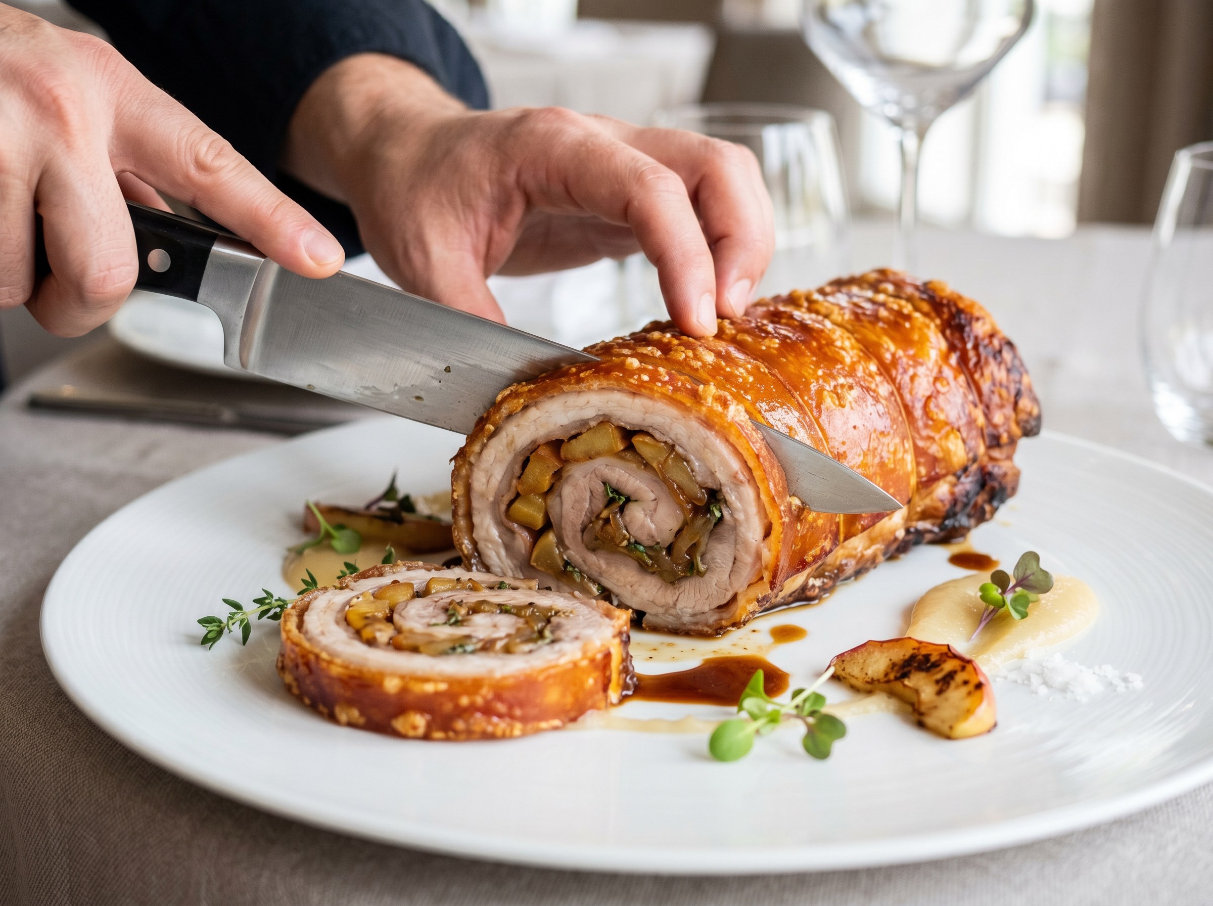 Rulo de cochinillo cortado en medallones revelando la espiral perfecta de manzana y carne rosada