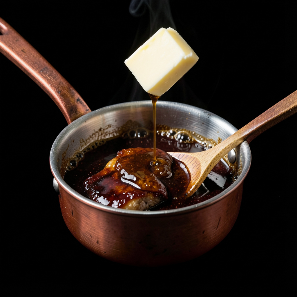 Salsa montada con mantequilla fría fuera del fuego, color caoba brillante