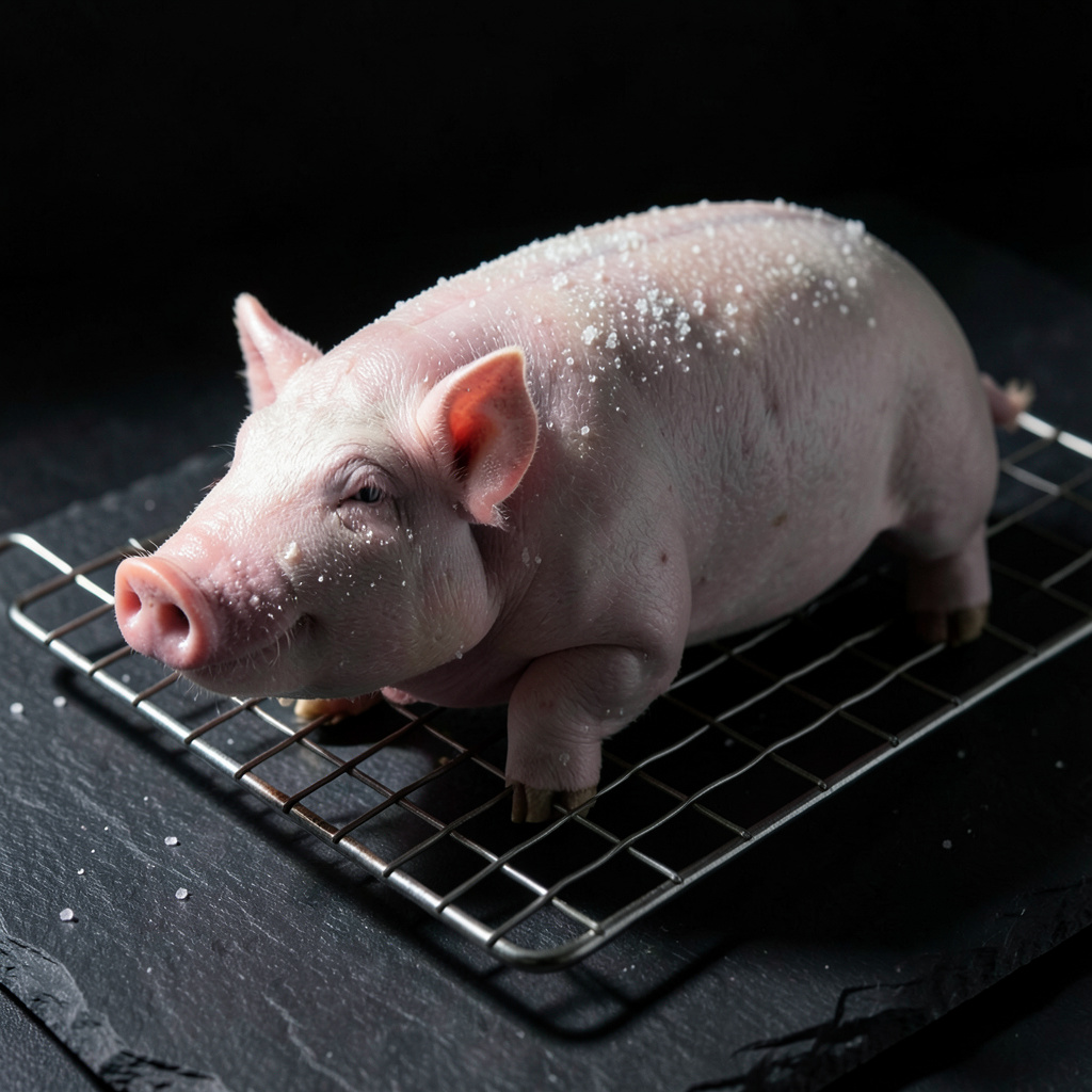Cochinillo ibérico entero en salazón seco sobre rejilla, cristales de sal sobre la piel rosada tensa, fondo negro dramático