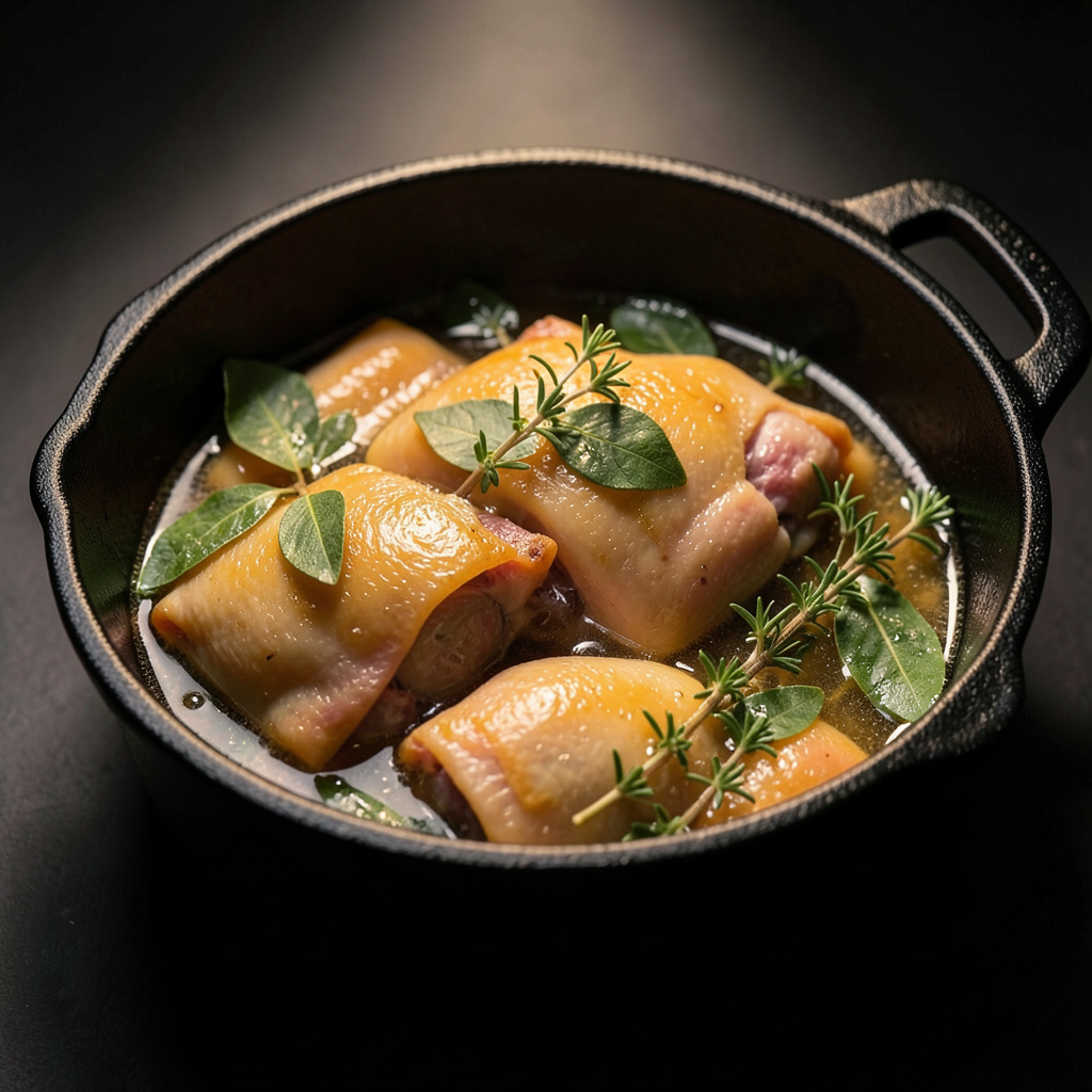 Piezas de cochinillo sumergidas en grasa dorada con tomillo y laurel en cazuela de hierro, temperatura controlada sin burbujas