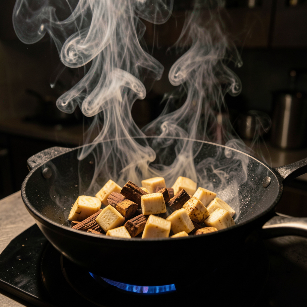 Dados de apionabo cocido ahumándose sobre virutas de madera en wok con humo blanco denso elevándose sobre fondo oscuro