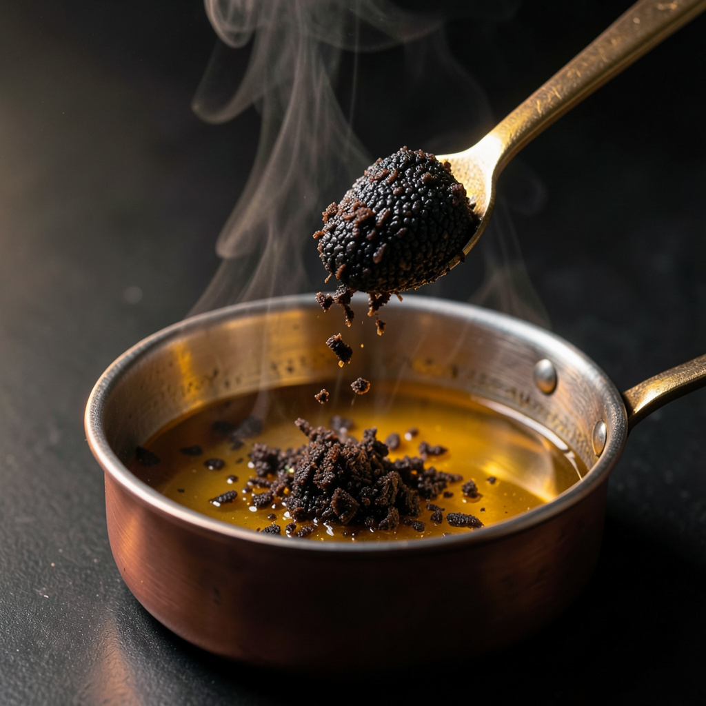 Trufa negra rallándose sobre miel caliente en cazo de cobre, vapor aromático sutil, color ámbar profundo con virutas oscuras de trufa